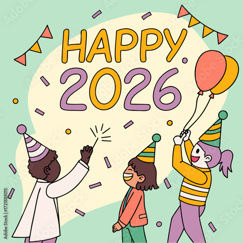 Cheerful children celebrating happy 2026 new year with party hats balloons confetti and sparkler in a colorful cartoon style illustration