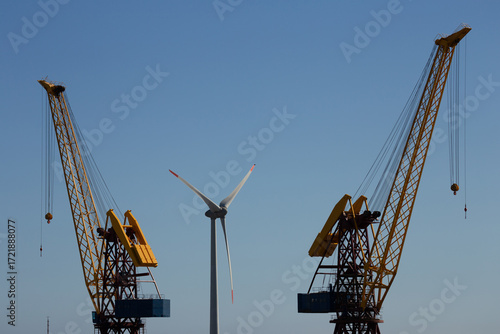Shipyard cranes with sustainable wind energy, Viana do Castelo, Portugal.