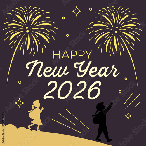 Celebrating happy new year 2026 with fireworks and children silhouettes on a festive background perfect for holiday greetings and seasonal promotions