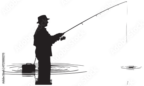 Silhouette of a Fisherman Casting a Line