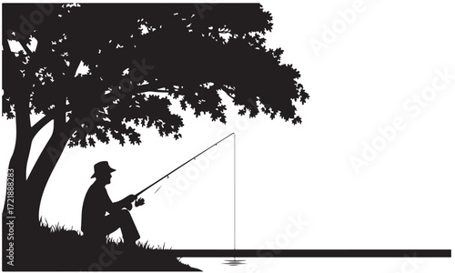 Silhouette of a Fisherman Relaxing Under a Tree by the Water