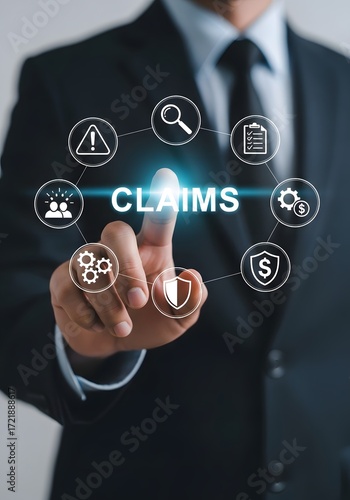 Business professional interacting with a digital interface displaying various insurance claim icons