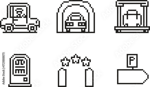 Pixel art icons representing car services and parking facilities
