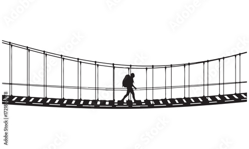 Silhouette of Person Walking on Suspension Bridge