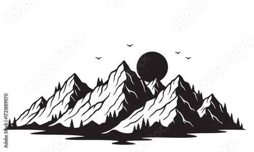 Silhouetted Mountain Range with Setting Sun and Birds