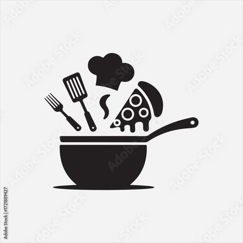 Black cooking pot with pizza slice fork and spatula