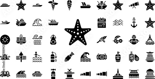 set of 100 glyph nautical web icons. filled icons such as speed boat,boat screw,starfish with dots,skiff,ocean waves,oxygen tank,spyglass,trireme. vector illustration