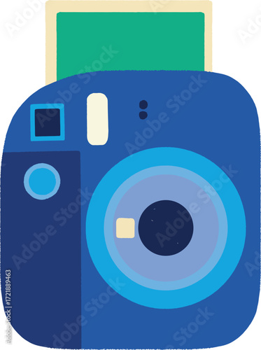 Blue instant camera with green photo sticking out of top