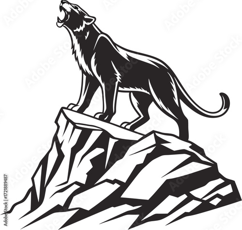 a black and white vector illustration of a howling wolf silhouette against a full moon
