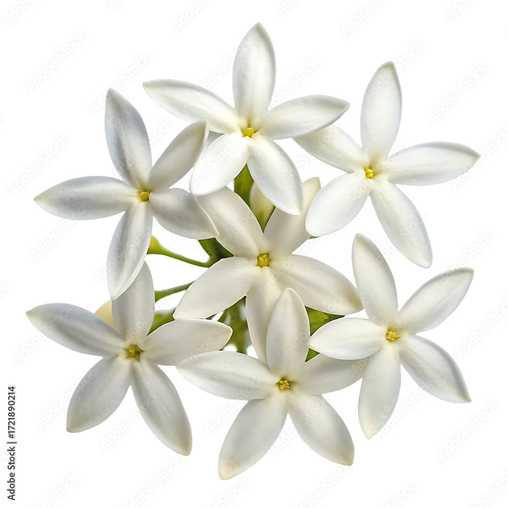 Fototapeta premium Delicate white jasmine flower cluster with star-shaped petals and yellow centers isolated on a transparent background