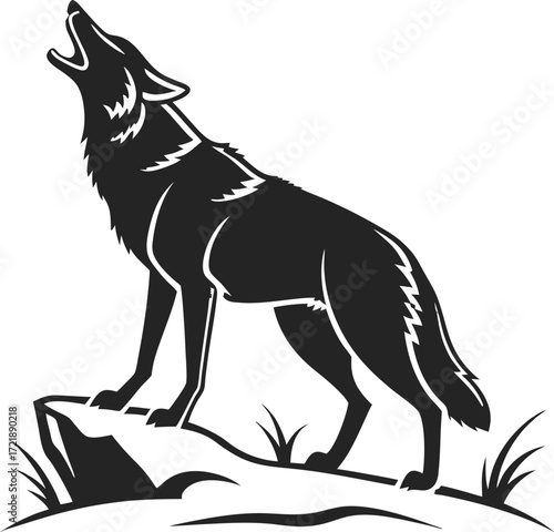 coyote silhouette, black and white, high contrast, lineart, howling, desert landscape, minimal background, digital art