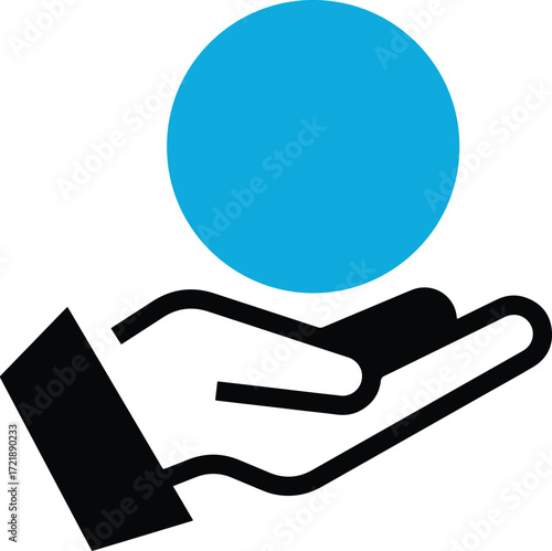 Black hand holding a blue circle on white background