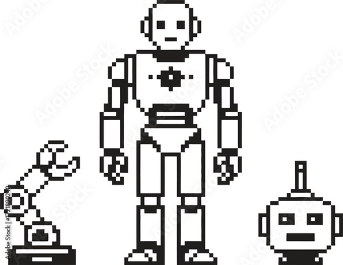 Pixel art robot components and a full robot figure