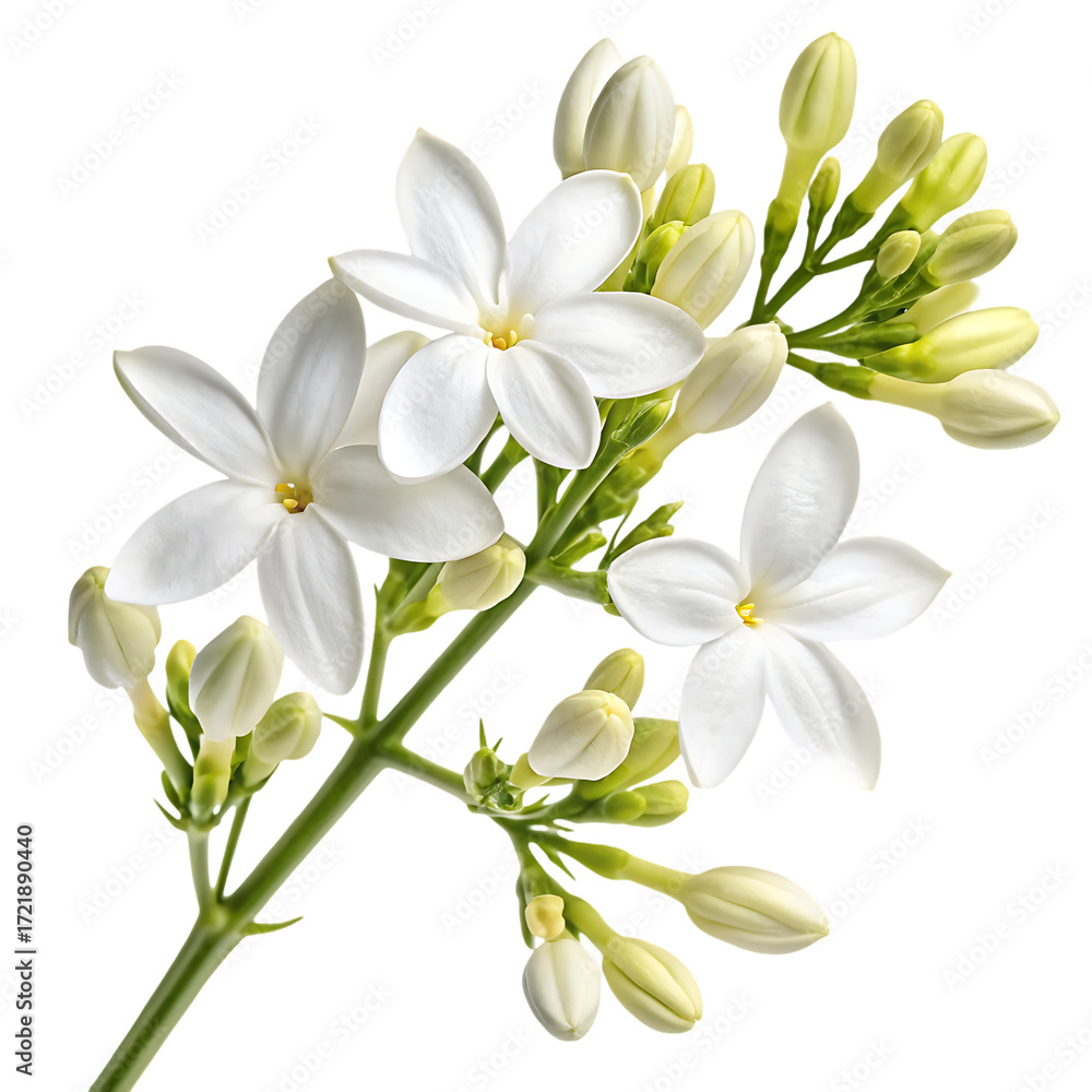 Obraz premium Delicate white jasmine flowers and buds on green stems isolated on a transparent background image