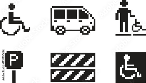 Collection of pixelated accessibility and parking symbols on a white background
