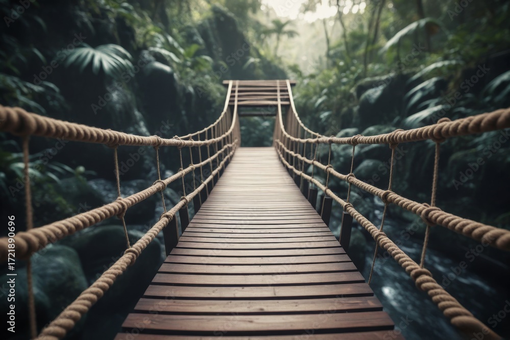 Obraz premium Seilbrücke im tropischen Regenwald, idyllische Wanderung durch die Natur