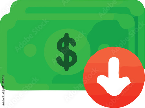 Green banknotes with a dollar sign and a red circle with a white down arrow