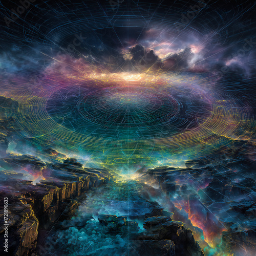 Science fiction alien landscapes with giant mystical hadron colliders and particle accelerators under the stars.