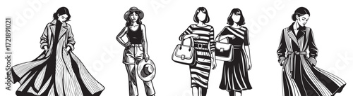 Chic fashionistas showcase elegant trench coats and stylish summer attire with handbags