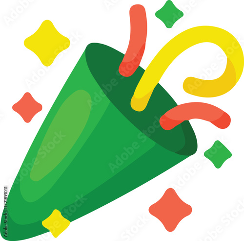 Green party popper exploding with red and yellow confetti and star shapes