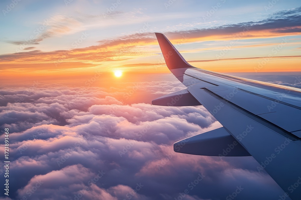 Obraz premium Sunrise view from airplane window above clouds 
