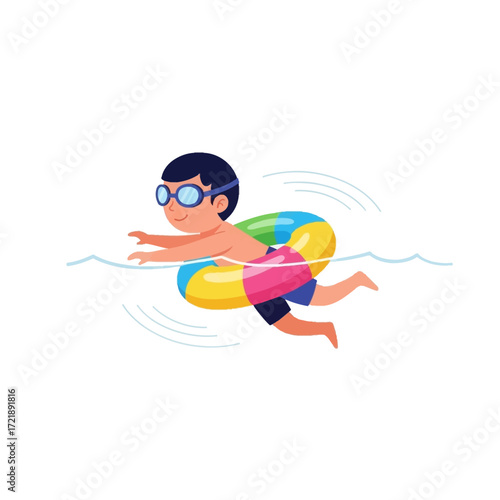 Happy boy swimming in pool with colorful floatie.