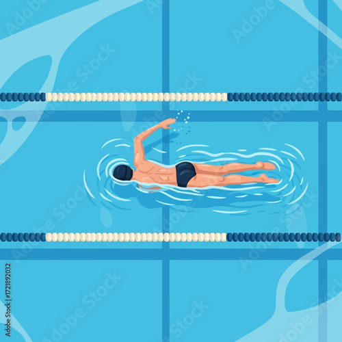 An illustration of a man swimming freestyle in a lane of a swimming pool, seen from an overhead perspective.