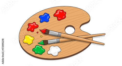 Classic wooden artist's palette with vibrant colorful paints and two brushes, representing creativity, artistic expression, and the joy of painting for diverse projects and designs