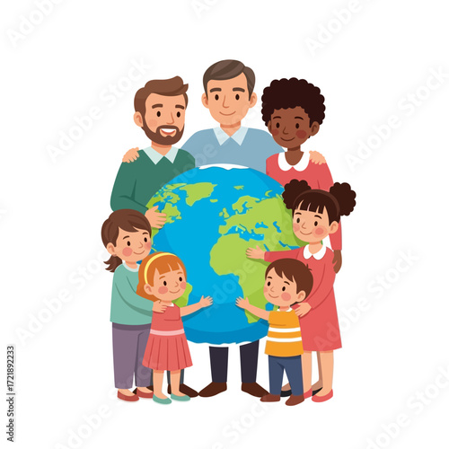 A diverse multicultural group of adults and children standing together, lovingly embracing planet Earth.