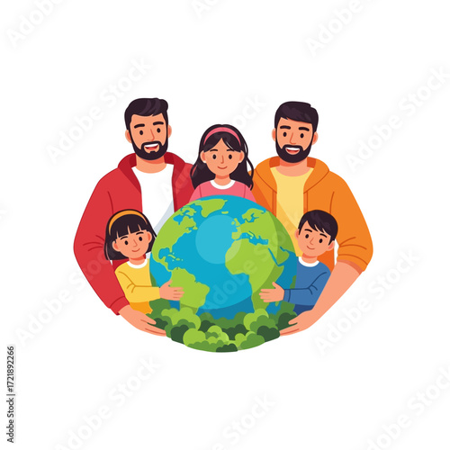 A family, including parents and children, embraces the Earth, symbolizing environmental care.