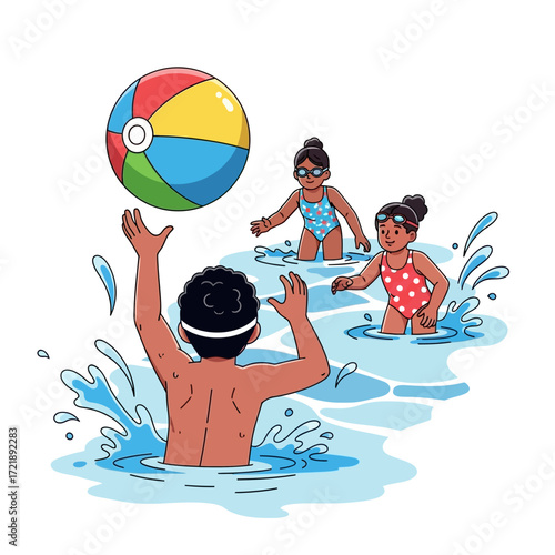 Three children playing with a ball in a shallow pool of water, splashing and having fun.