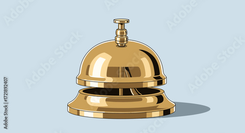 Vector illustration of a shiny golden hotel reception bell for customer service, attention, and hospitality requests on an isolated background