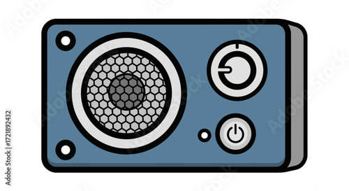 Modern blue audio monitor speaker with volume control knob and power button, a flat design vector icon for office and multimedia presentations