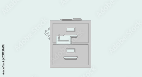 A simple icon of a two-drawer office cabinet with papers, symbolizing document management, storage solutions, and administrative tasks