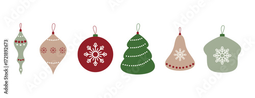 A set of colored Christmas tree toys, isolated on a white background, vector illustration, flat design. A collection of various decorative holiday items for decoration, design, postcards, labels