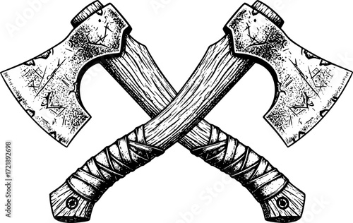 Two Crossed Axes in Detailed Black and White Engraved Style Illustration
