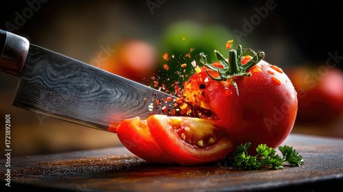 Fototapeta Naklejka Na Ścianę i Meble -  Sliced tomato with spices and knife