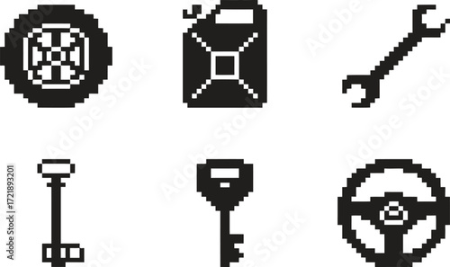 Collection of six black and white pixel art icons related to vehicles and mechanics
