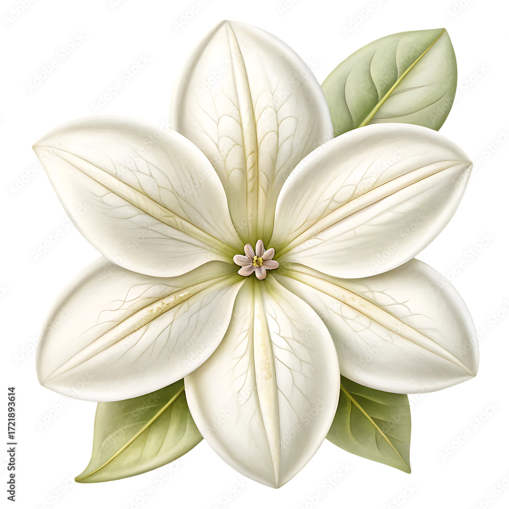 Fototapeta premium Delicate white stephanotis flower with green leaves and subtle pink center isolated on a transparent background