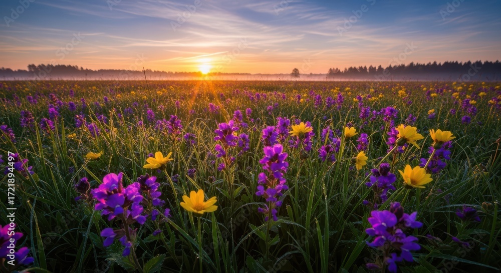 Obraz premium Sunrise over a field of purple and yellow wildflowers at dawn
