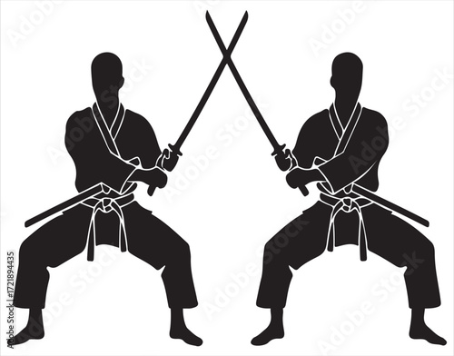 Two silhouetted martial artists in a fighting stance with crossed katana swords martial arts warriors