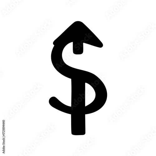 A stylized dollar sign with an upward pointing arrow on a white background