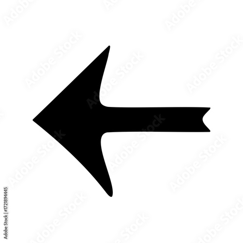 Stylized black arrow pointing left with slight curves, set on white