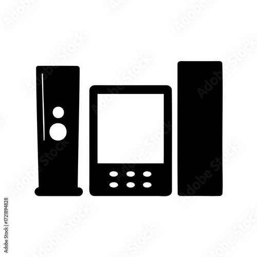 Silhouette of a retro media player with speakers on both sides.