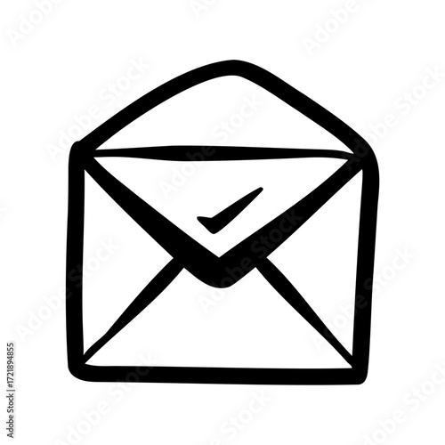 Hand drawn open envelope with a checkmark inside, isolated on white