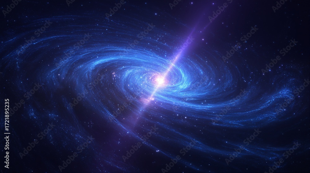 Fototapeta premium a vibrant spiral galaxy radiates with brilliant blue and purple hues, punctuated by a powerful central beam of light extending into the darkness of space.
