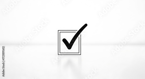 Black check mark inside square on white background with subtle reflection