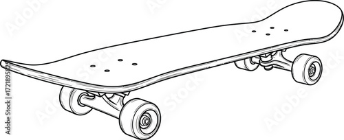 Skateboard on White, Line Art Style, Sport and Recreation Theme