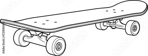 Black and white skateboard line drawing on a plain background