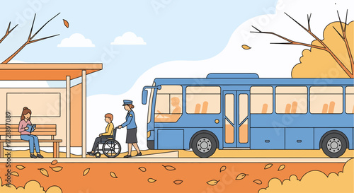 On a crisp autumn day, a uniformed woman assists a child in a wheelchair up a ramp onto an accessible bus, showcasing kindness and inclusivity in public transport.